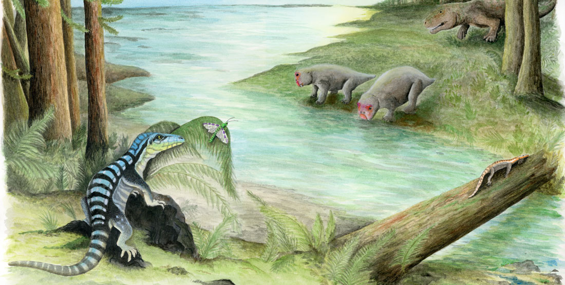 illustration showing the newly-discovered species hunting along a river