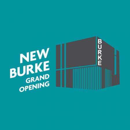 graphic with words "new burke grand opening" and illustration of new building