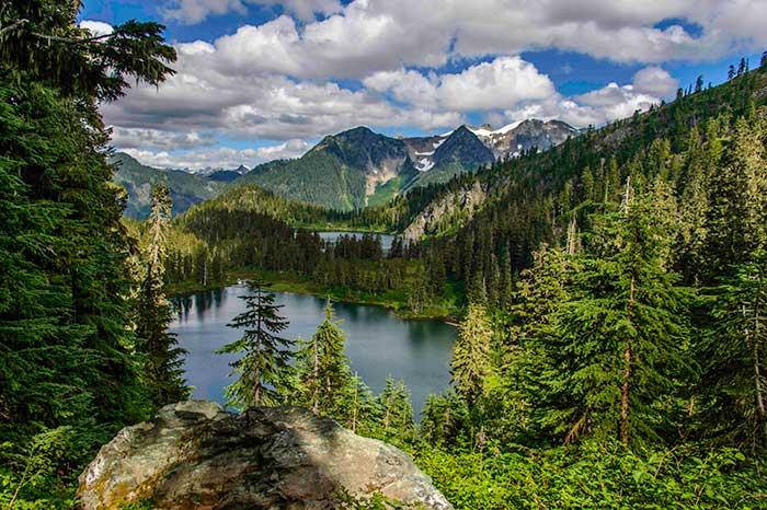 a scenic photograph of a lake surrounded by forests and mountains